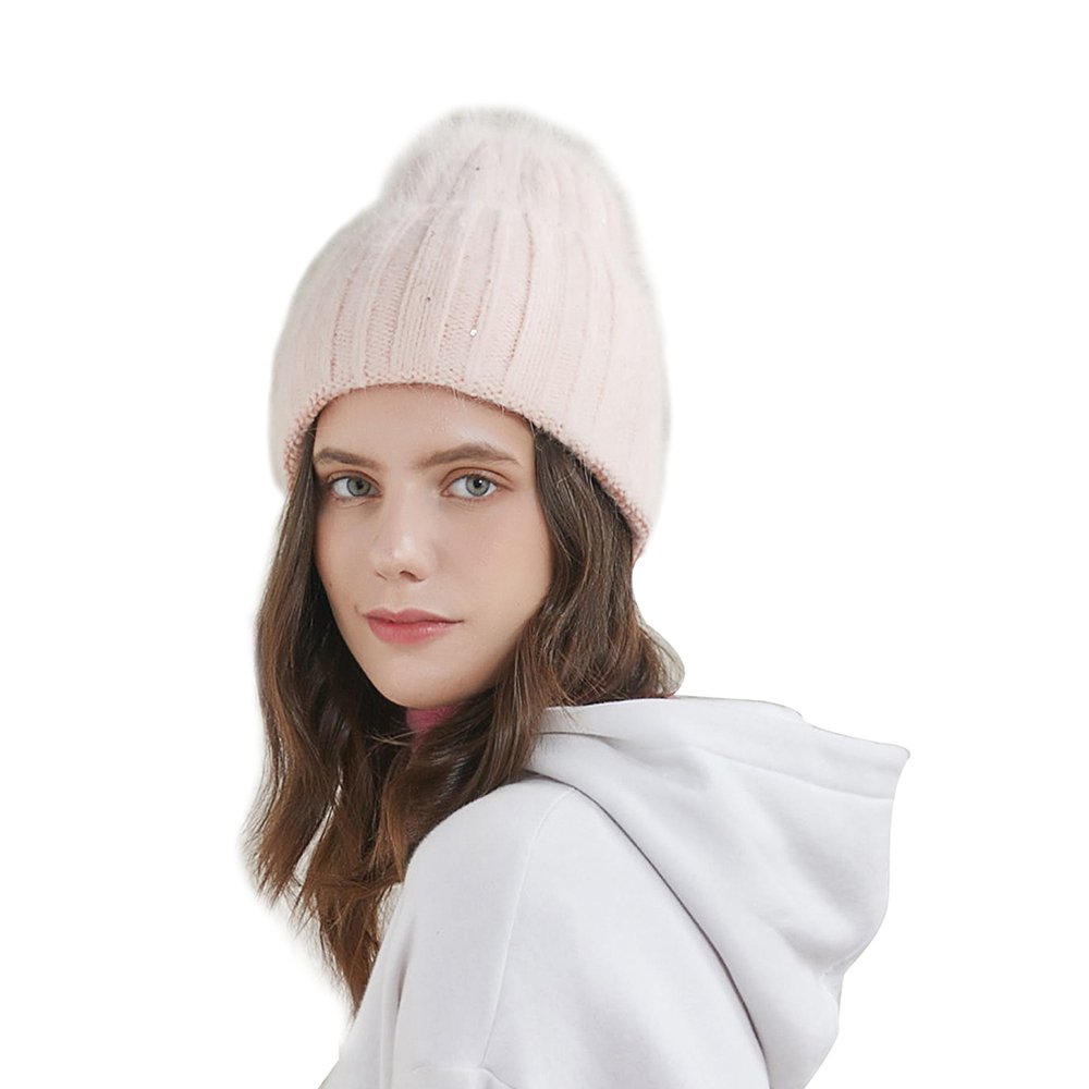 URSFUR Women's Winter Knit Hat Warm Wide Sleeve Beanies Vertical Lines Elastic Cap, Candy Light Pink