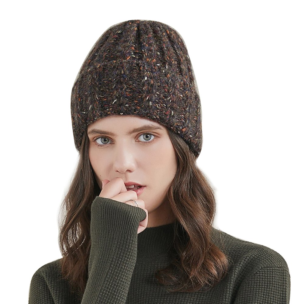 URSFUR Women's Knitted Hat Fold Stretch Chunky Soft Cable Beanie Cap, Color Mixing Black