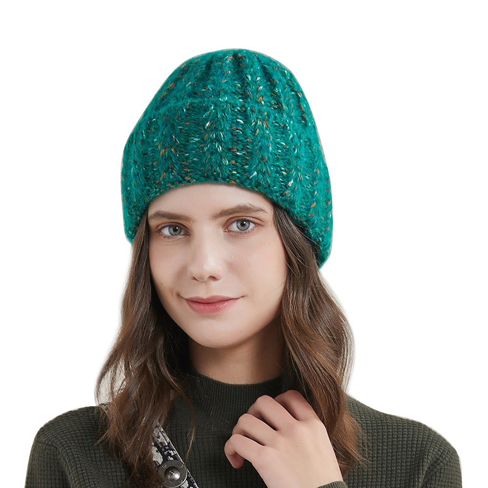 URSFUR Women's Knitted Hat Fold Stretch Chunky Soft Cable Beanie Cap, Color Mixing Dark Green