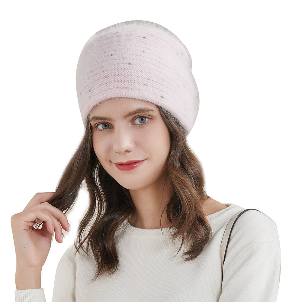 URSFUR Women's Fuzzy Knitted Beanie Slouch Cap with Rhinestone Double Layer Winter Hat, Pink