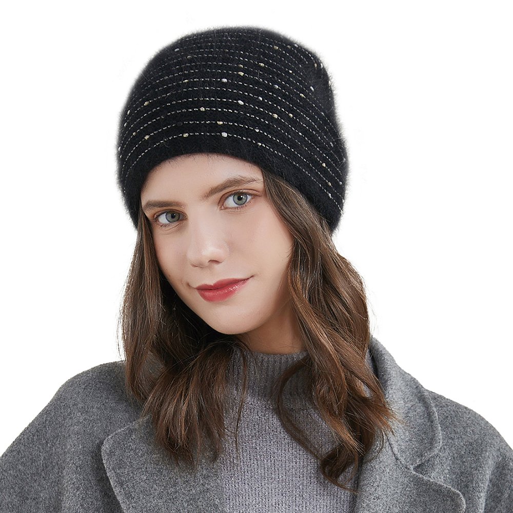 URSFUR Women's Knitted Beanie Slouch Cap with Rhinestone Double Layer Winter Hat, Black