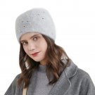 URSFUR Women's Fuzzy Knitted Beanie Slouch Cap with Rhinestone Double Layer Winter Hat, Light Grey