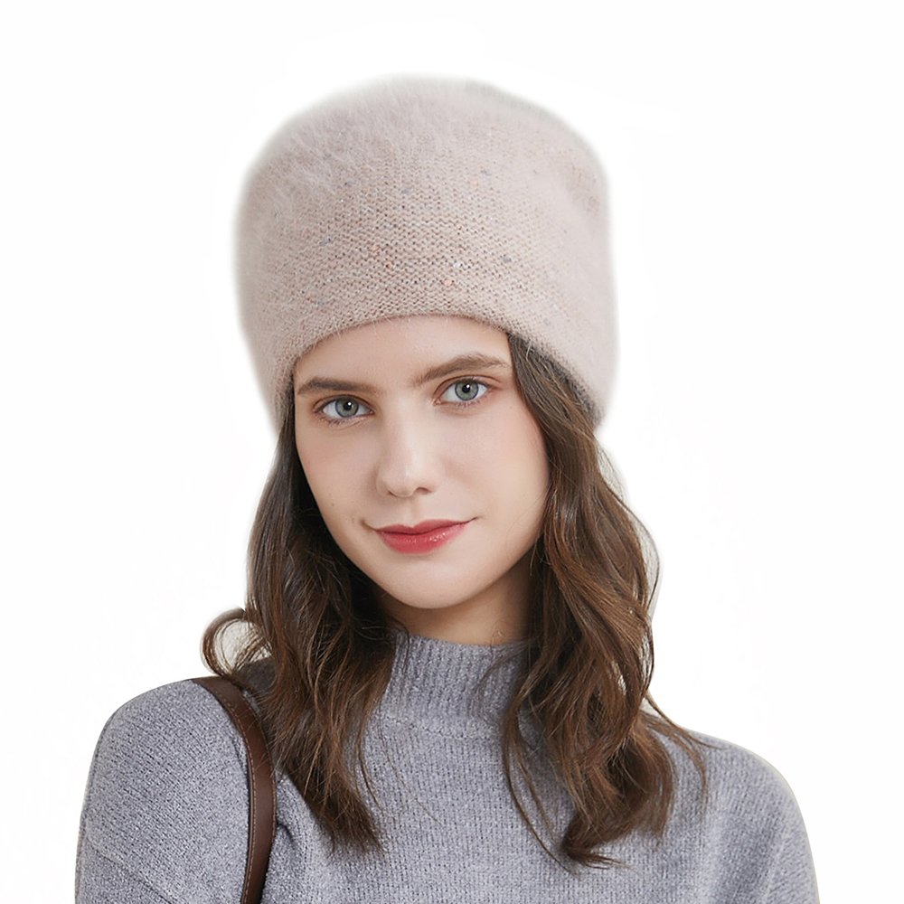 URSFUR Women's Fuzzy Knitted Beanie Slouch Cap with Rhinestone Double Layer Winter Hat, Light Brown