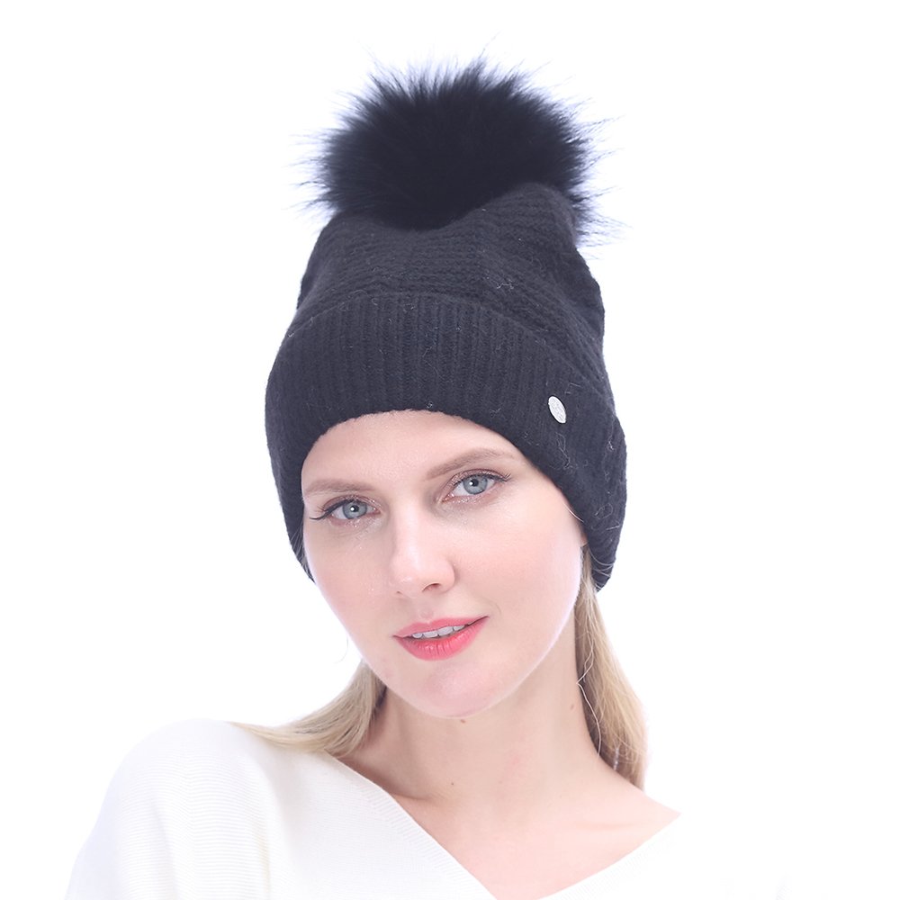 URSFUR Women's Knit Hat with Pompom, Warm Slouchy Beanie Cuff Fashion Cap,Black