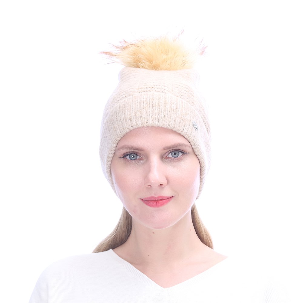 URSFUR Women's Knit Hat with Pompom, Warm Slouchy Beanie Cuff Fashion Cap,Beige