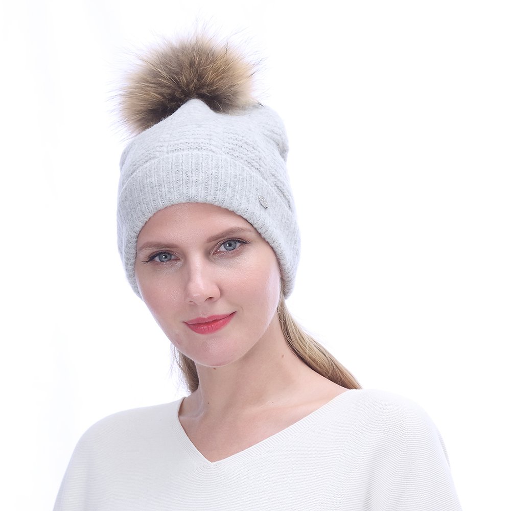 URSFUR Women's Knit Hat with Pompom, Warm Slouchy Beanie Cuff Fashion Cap,Light Gray