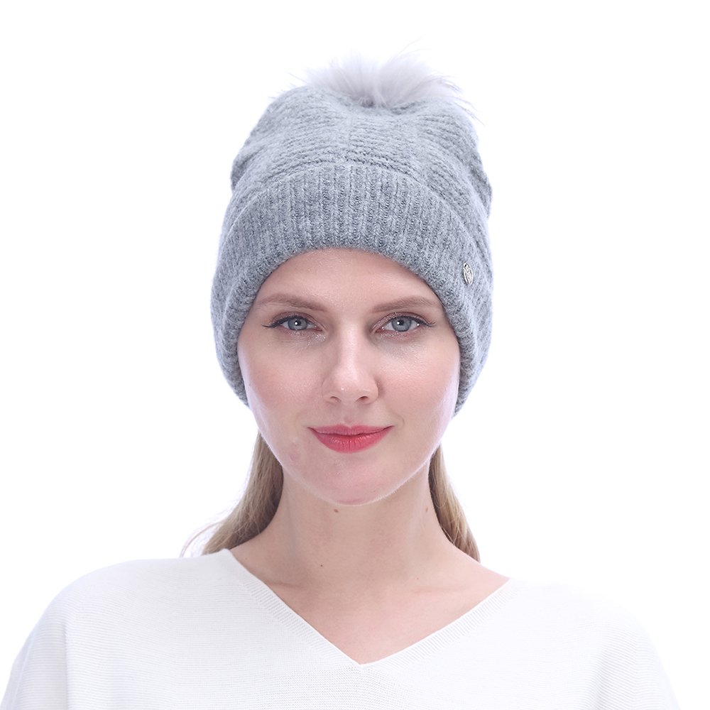 URSFUR Women's Knit Hat with Pompom, Warm Slouchy Beanie Cuff Fashion Cap,Gray