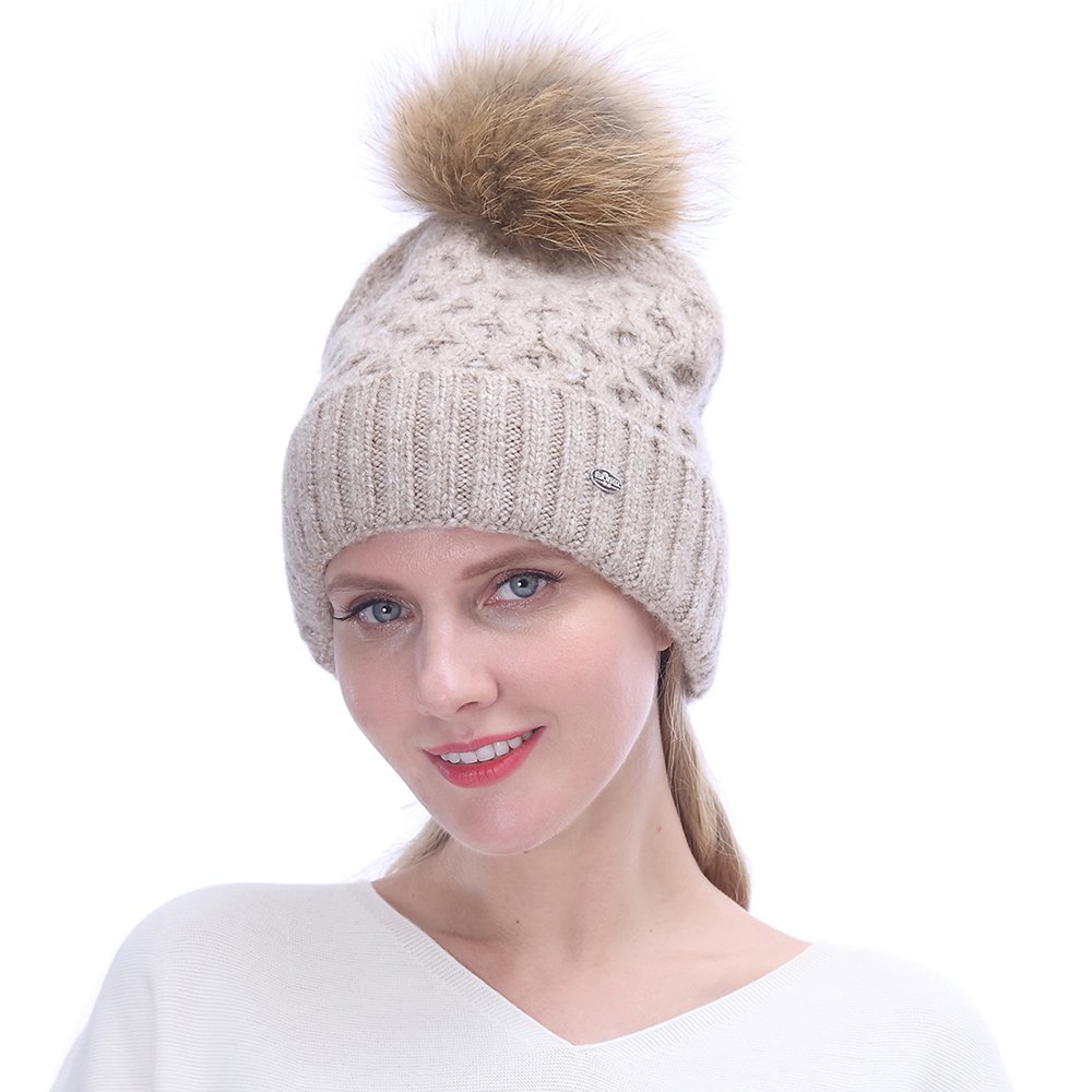 URSFUR Women Mohair Wool Knitted Cable Hat with Pompom |Slouchy Beanie Fashion Cap for Winter, Beige