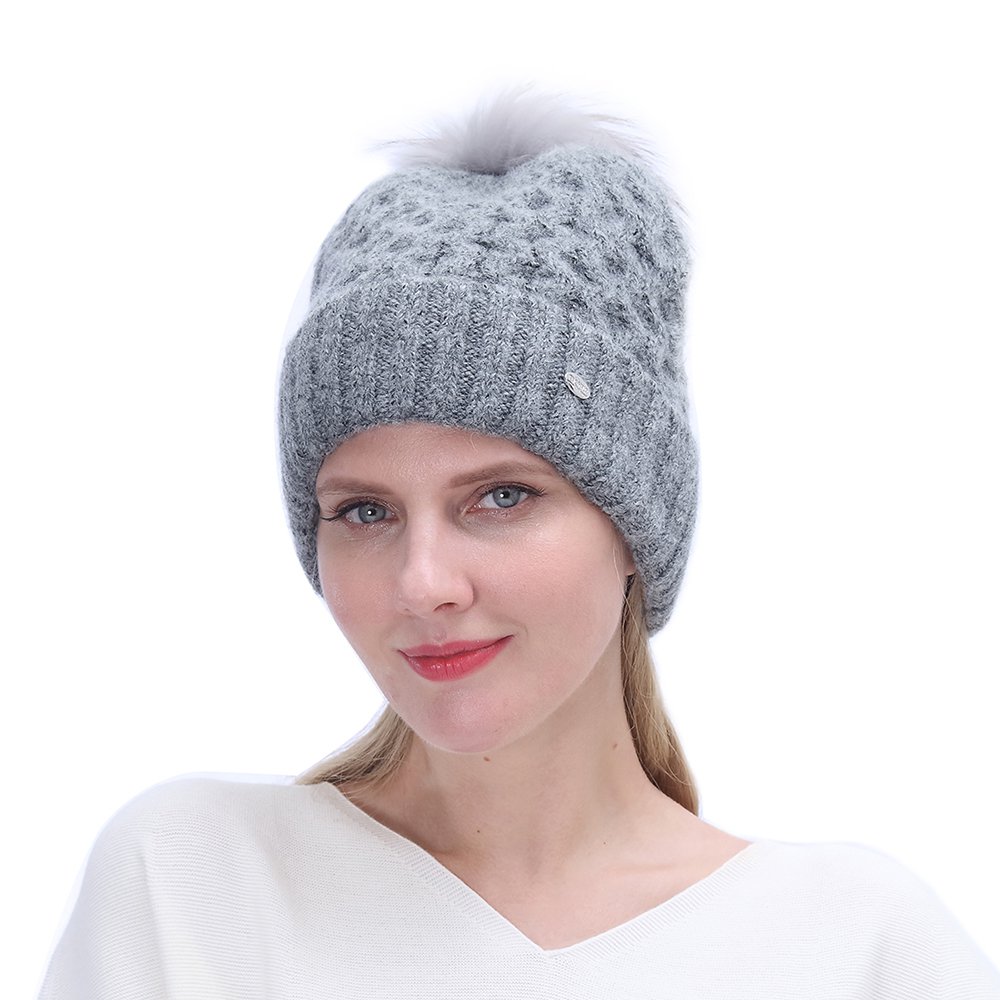 URSFUR Women Mohair Wool Knitted Cable Hat with Pompom | Slouchy Beanie Fashion Cap for Winter