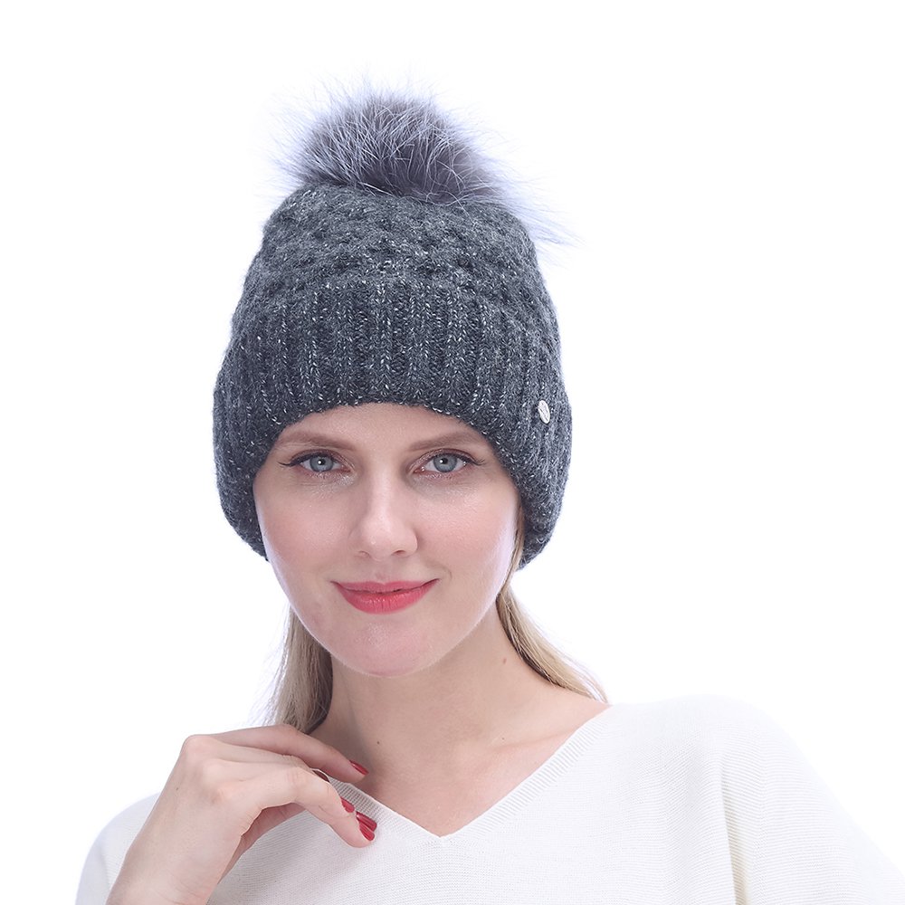 URSFUR Women Mohair Wool Knitted Cable Hat with Pompom | Slouchy Beanie Fashion Cap for Winter