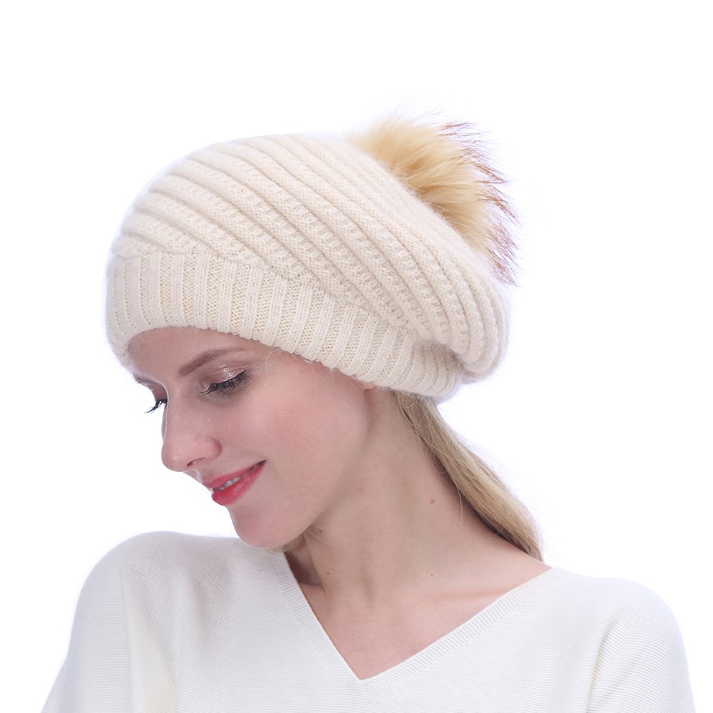 URSFUR Winter Berets Hat with Pompom - Slouchy Beanie Lady Warm Autumn Caps, Beige