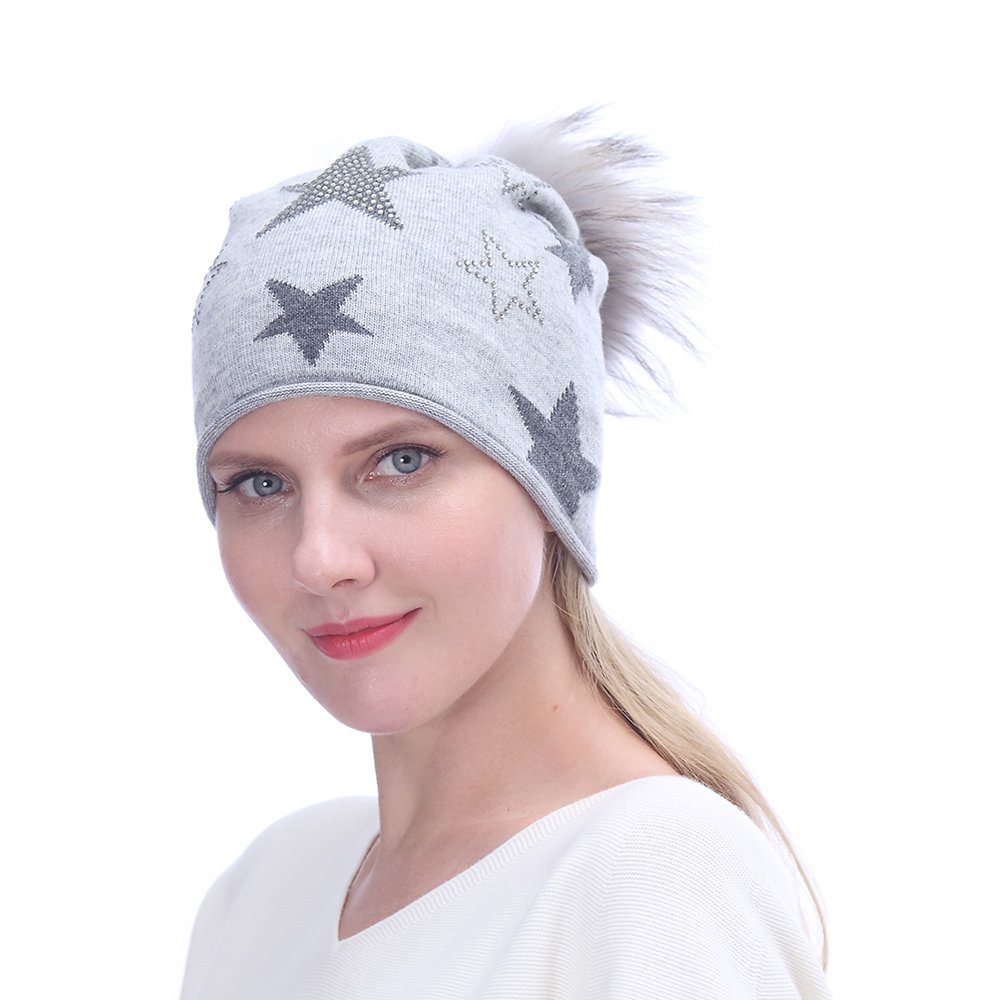 URSFUR Women's Cashmere Blend Cap with Fur Pompom,Lightweight Knitted Slouchy Beanie Hat,Light Gray