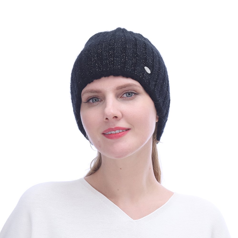 URSFUR Winter Knitted Cable Wool Hats for Women | Warm Double Lining Elastic Beanie Caps,Black