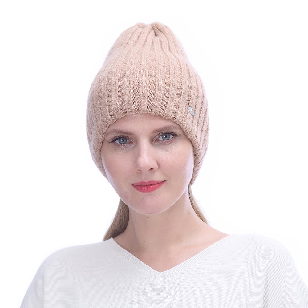 URSFUR Winter Knitted Cable Wool Hats for Women | Warm Double Lining Elastic Beanie Caps,Champagne