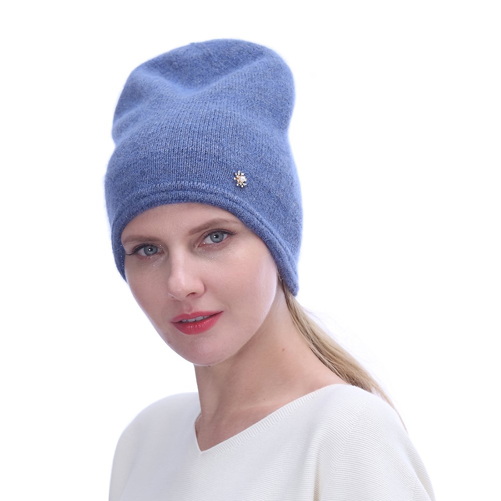 URSFUR Women's Knit Beanie Hat with Rhinestone Headwear- Slouchy Beanie Chunky Cap, Denim Blue