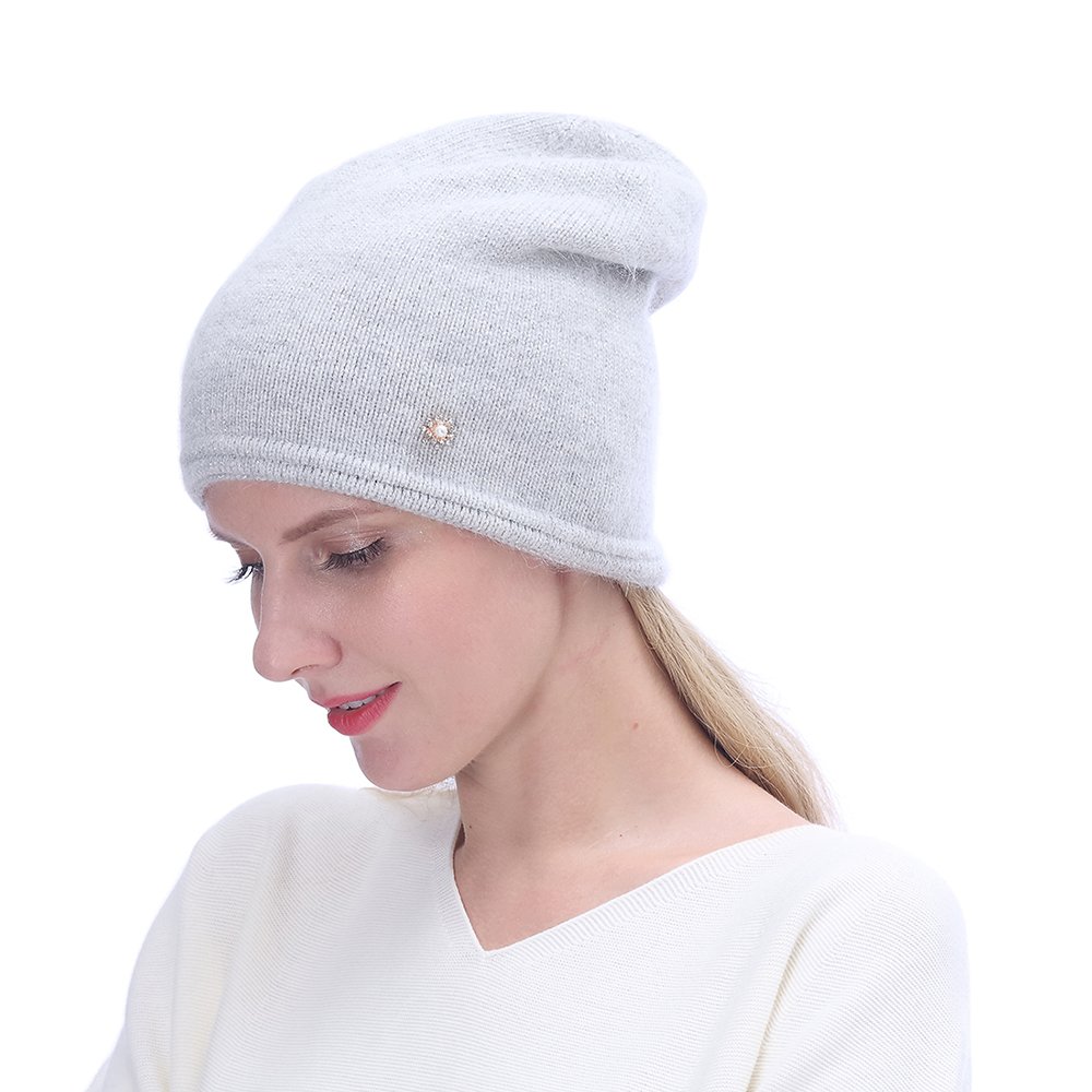URSFUR Women's Knit Beanie Hat with Rhinestone Headwear- Slouchy Beanie Chunky Cap, Light Gray