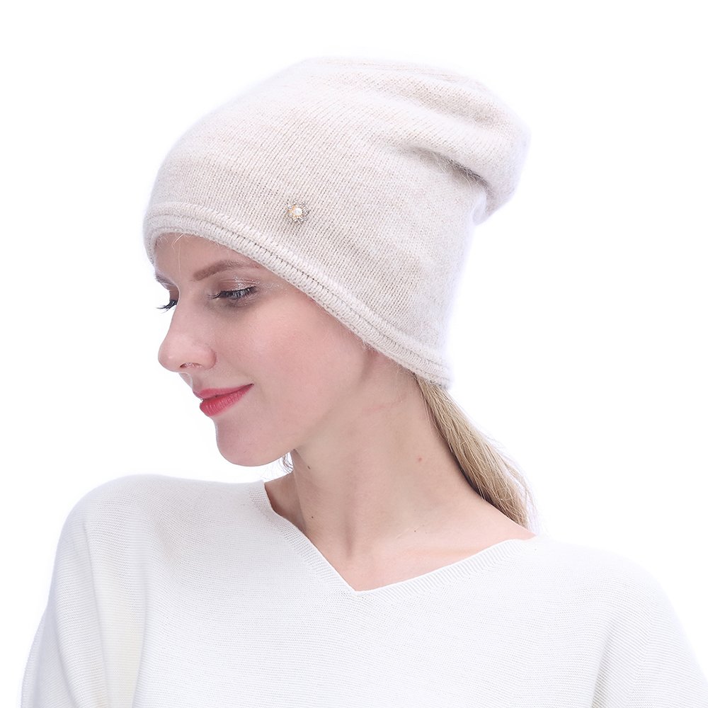 URSFUR Women's Knit Beanie Hat with Rhinestone Headwear- Slouchy Beanie Chunky Cap, Beige