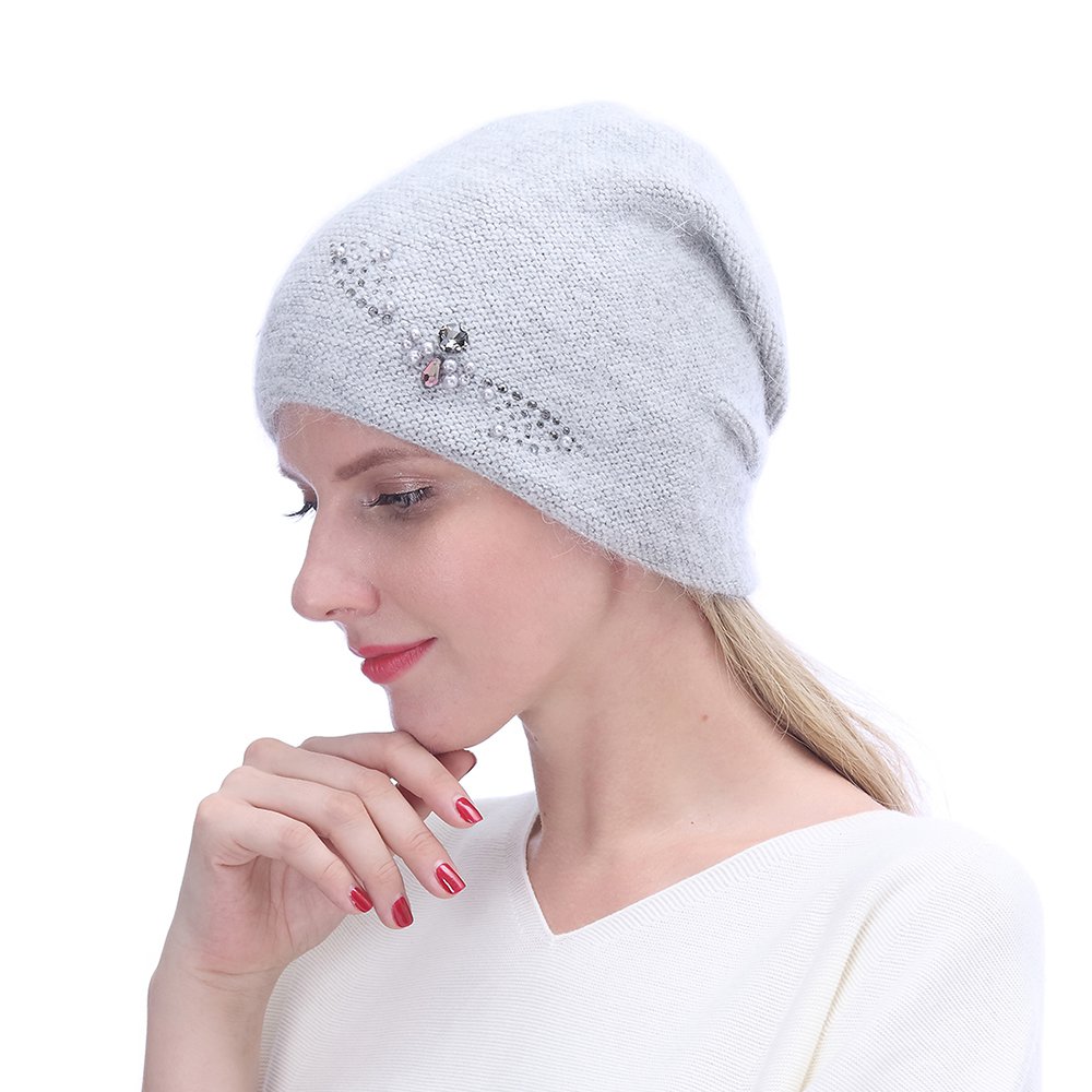 URSFUR Winter Knitted Beanie Hats for Women with Rhinestones-Russia Slouchy Baggy Cap,Light Grey