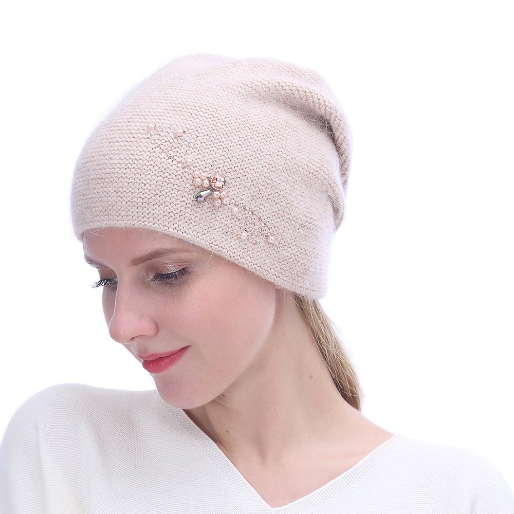 URSFUR Winter Knitted Beanie Hats for Women with Rhinestones-Russia Slouchy Baggy Cap,Pink