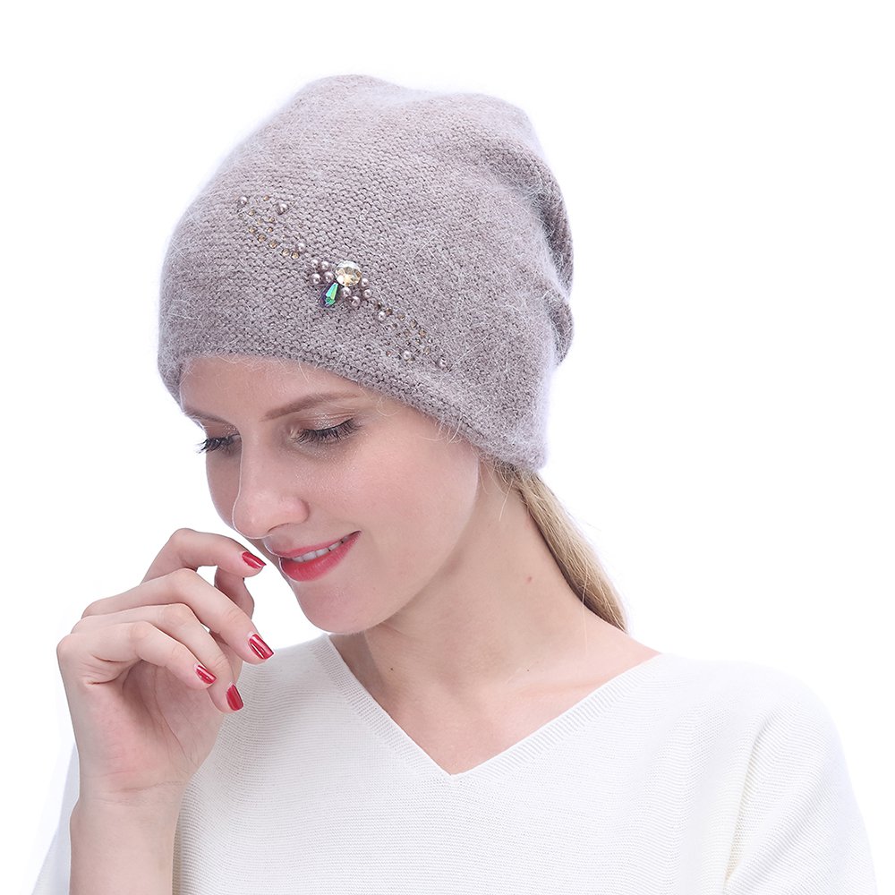 URSFUR Winter Knitted Beanie Hats for Women with Rhinestones-Russia Slouchy Baggy Cap,Camel Color