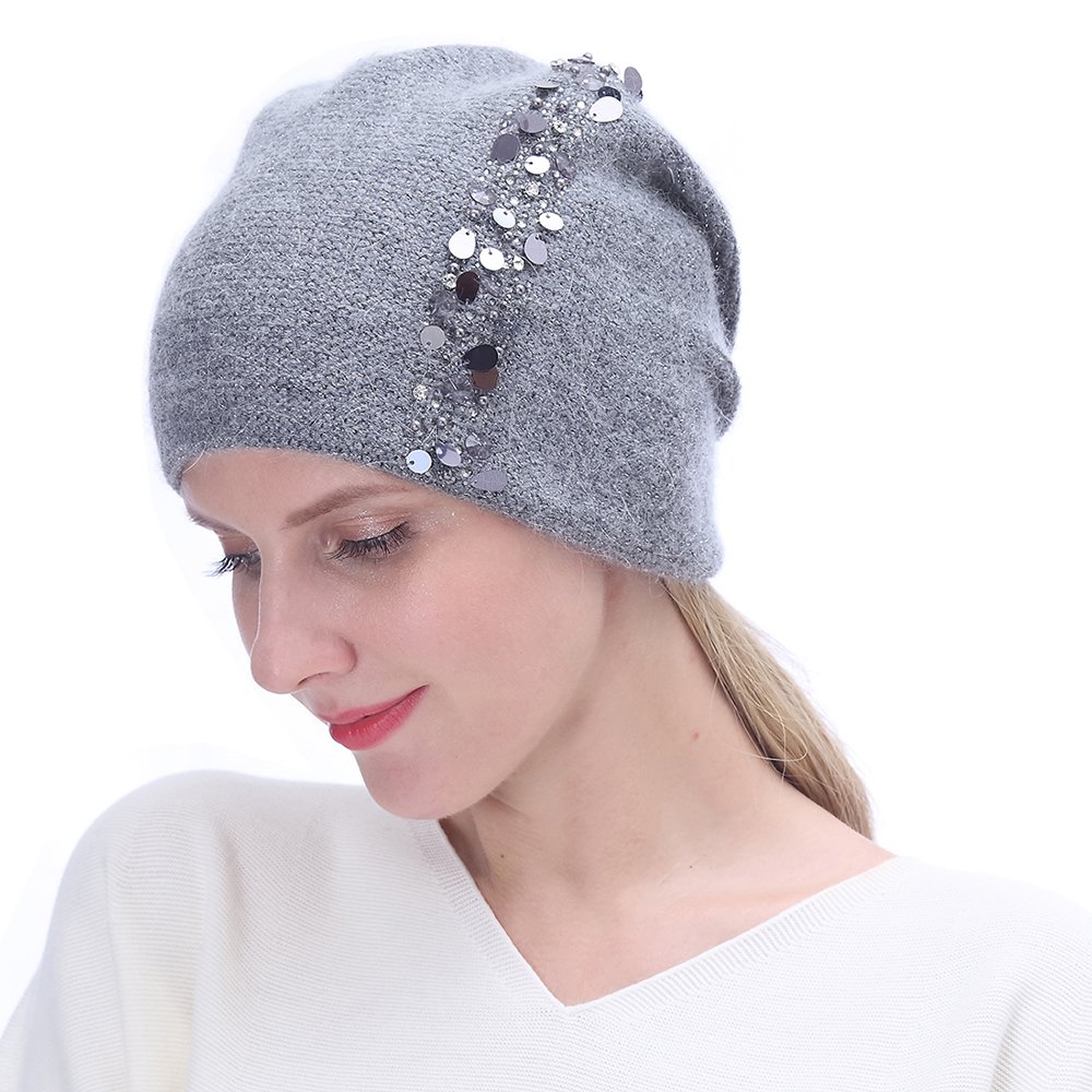 URSFUR Winter Knitted for Women -Lightweight Slouchy Beanie with Bling Rhinestones-Dark Grey