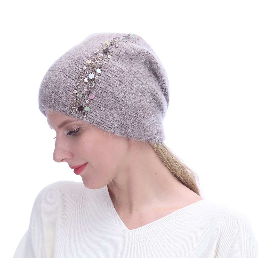 URSFUR Winter Knitted for Women -Lightweight Slouchy Beanie with Bling Rhinestones-Camel