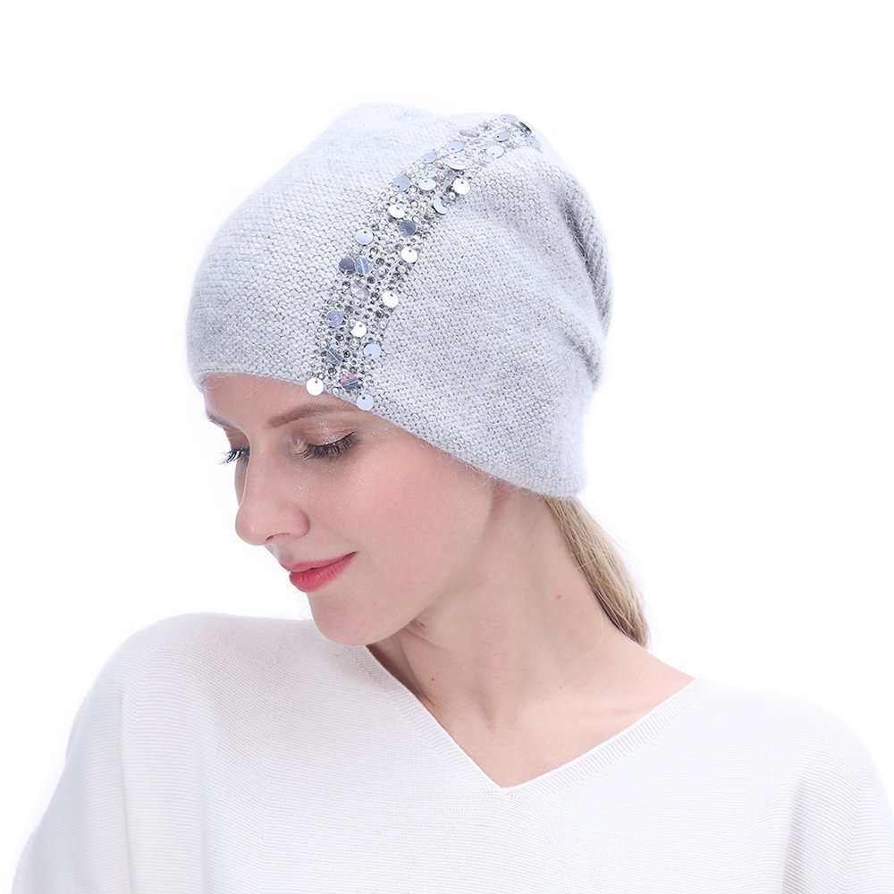 URSFUR Winter Knitted for Women -Lightweight Slouchy Beanie with Bling Rhinestones-Light Grey