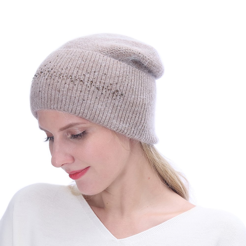 URSFUR Winter Knitted Baggy Beanies Hat with Rhinestones for Lady- Warm Double Slouchy Cap,Camel