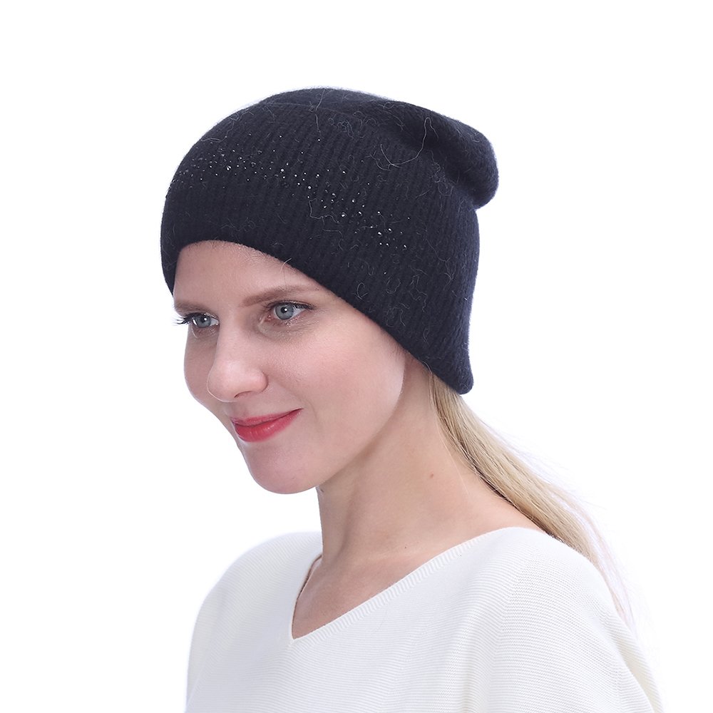 URSFUR Winter Knitted Baggy Beanies Hat with Rhinestones for Lady- Warm Double Slouchy Cap,Black