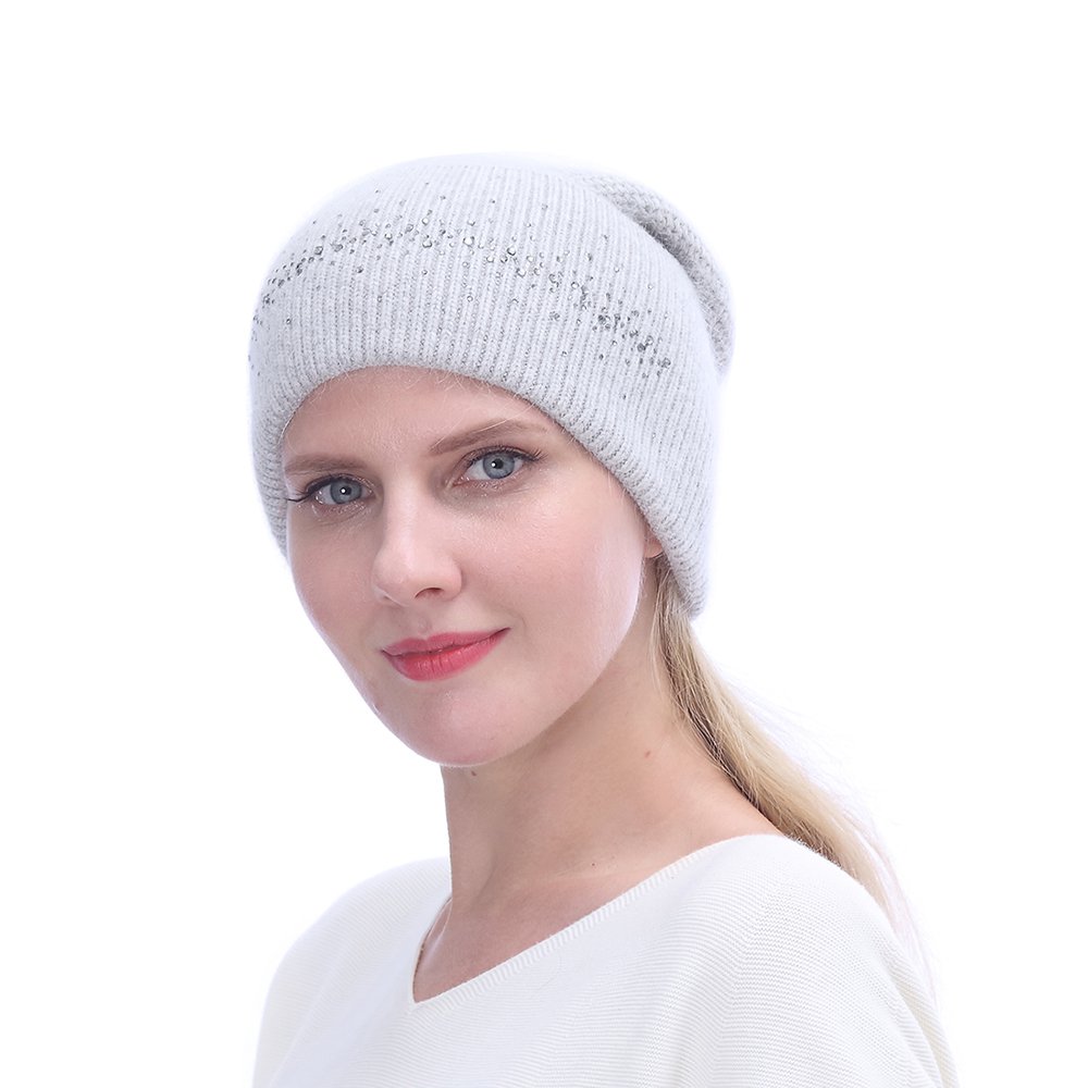 URSFUR Winter Knitted Baggy Beanies Hat with Rhinestones for Lady Warm Double Slouchy Cap,Light Grey