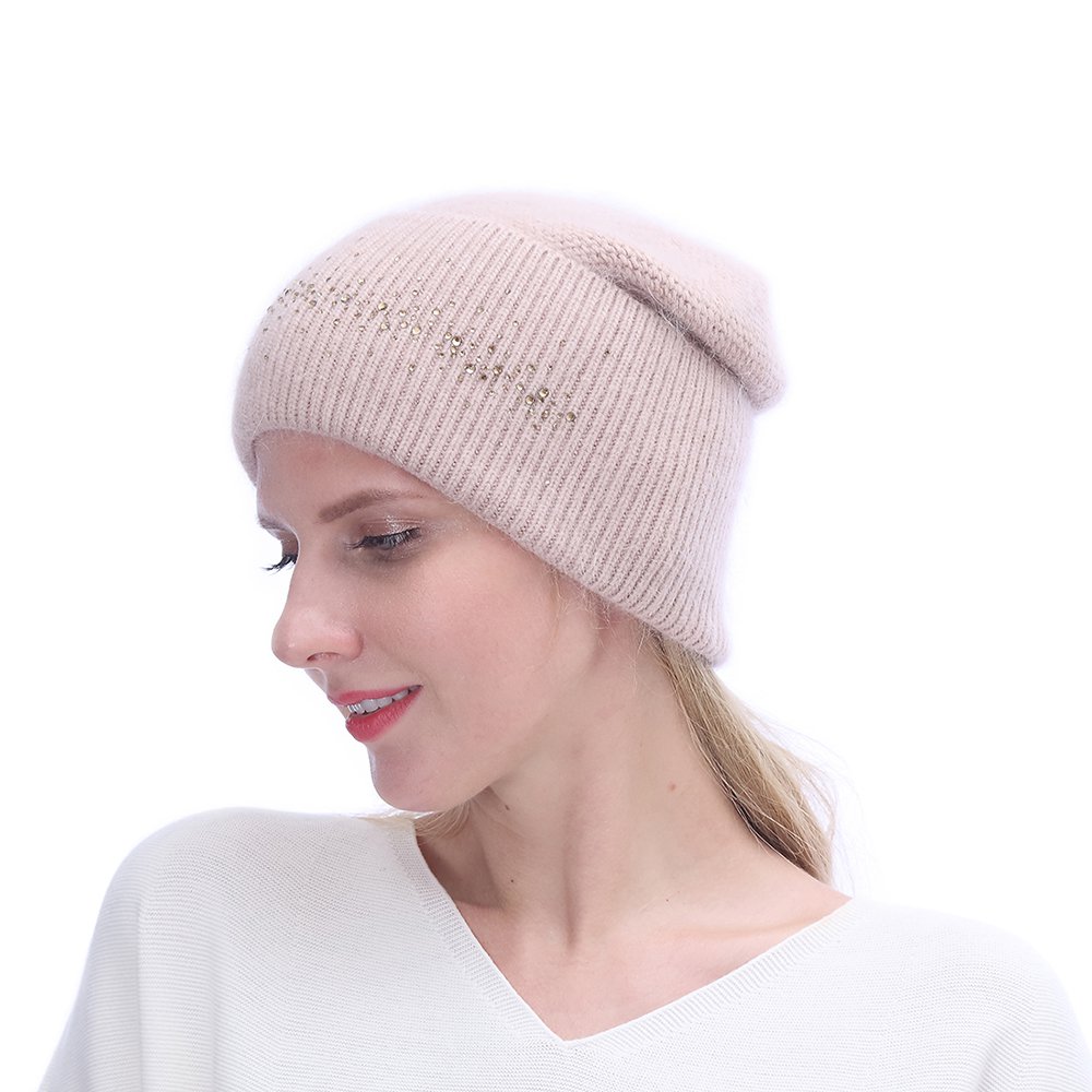 URSFUR Winter Knitted Baggy Beanies Hat with Rhinestones for Lady- Warm Double Slouchy Cap,Pink