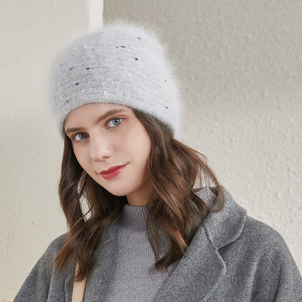 URSFUR Women's Fuzzy Knitted Beanie Slouch Cap with Rhinestone Double