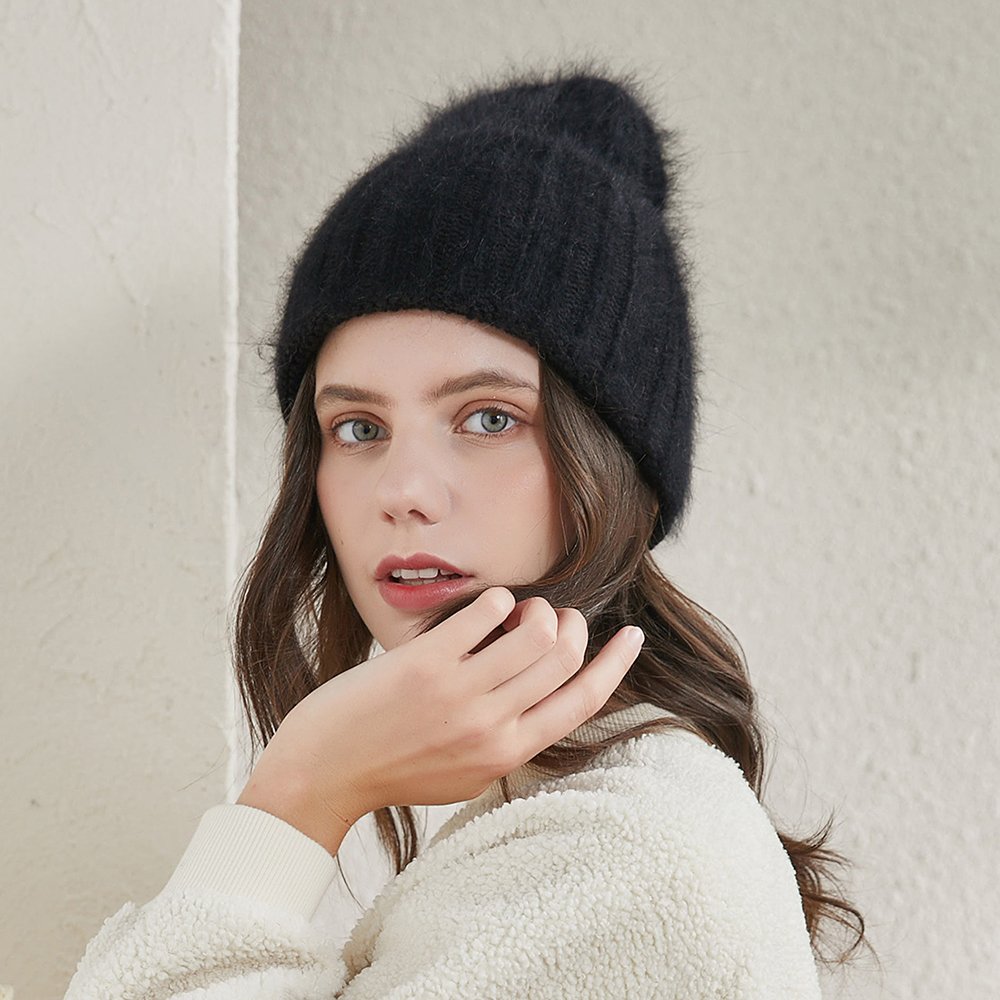 Ursfur Womens Winter Knit Hat Angora Rabbit Fur Warm Wide Sleeve Beanies Elastic Cap Candy Black