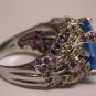 silver ring with rectangle shape blue stone free ship