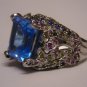 silver ring with rectangle shape blue stone free ship