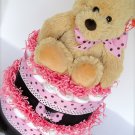 Diaper Cake - Pink & Brown Polka Dot Teddy Bear Baby Shower Centerpiece Diaper Cake - 2 Tier