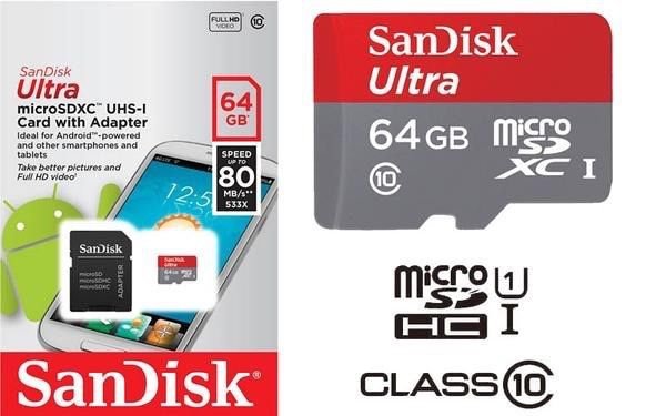 SanDisk Ultra 64 GB microSD SDXC Memory Card UHS-I Class 10 SD Adapter