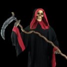 Standing Red Hooded Black Reaper with Sickle Prop