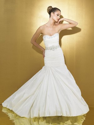 Strapless Ruched Taffeta Bodice Beaded Sweep Train Mermaid Wedding Gown WD87