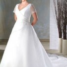 2012 Plus Size V Neck Short Sleeves White A-line Appliques Lace Sweep Train Wedding Dress