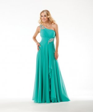 One Shoulder Appliques Lace Ruched Bodice A-line Empire Waist Evening Gown/Party Gown