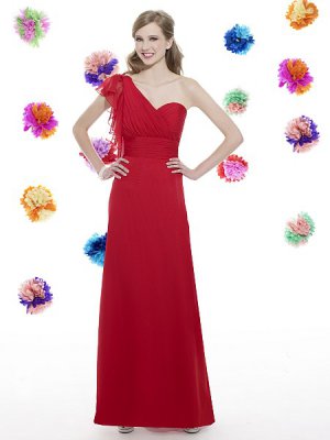 Chiffon  One Shoulder Ruffles Sleeve A-line Floor length Red Bridesmaid Dress