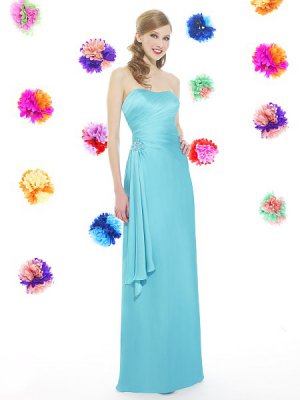 Satin chiffon  sky blue cascade ruffles a-line long bridesmaid gown bt98