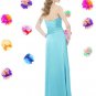 Satin chiffon  sky blue cascade ruffles a-line long bridesmaid gown bt98