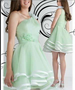 One shoulder flora satin hem organza short cooktail dress/evening gown