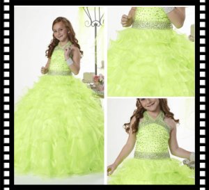 Freeshipping Halter Goldren Ruched Tulles Flower Girl Dress, Formal Pageant Gown