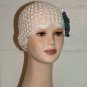 KNC Hand Crochet Skull Cap w Flower Pin White Sz Teen