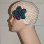 KNC Hand Crochet Skull Cap w Flower Pin White Sz Teen
