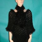 KNC Hand Crochet Plush-Fur Poncho w Hand Knit Plush-Fur Scarf Black Glitter