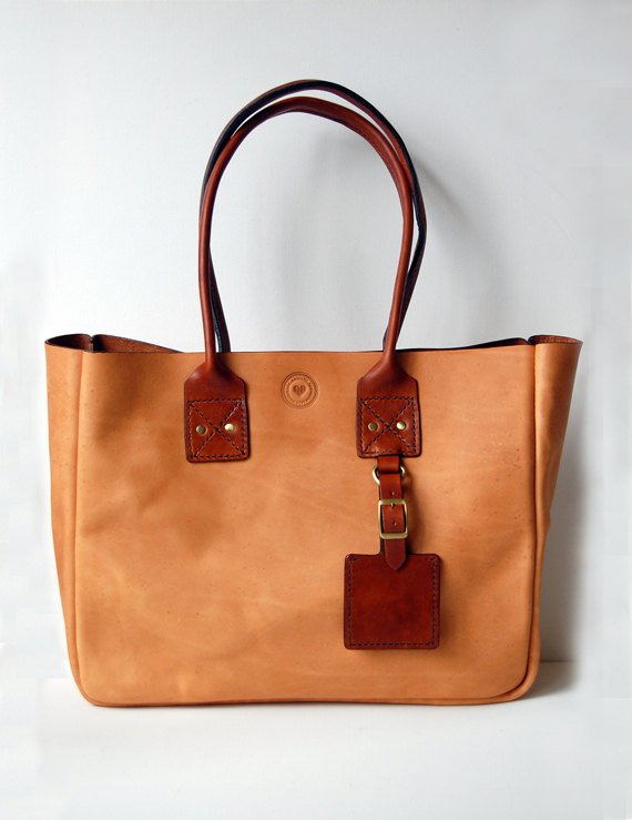 Handstitched Tan Leather Tote Bag with Cognac Handles
